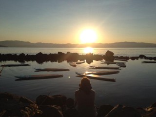 Watching the sunrise over Lake Tahoe for Rick's 6 am SUP Yoga Class.